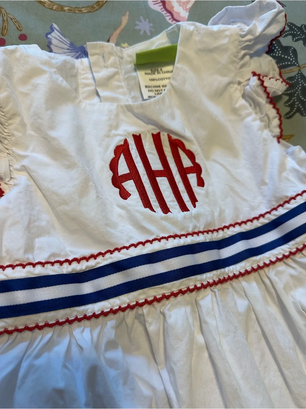 Red White & Blue Girls Size 5 monogrammed dress “AHA”
